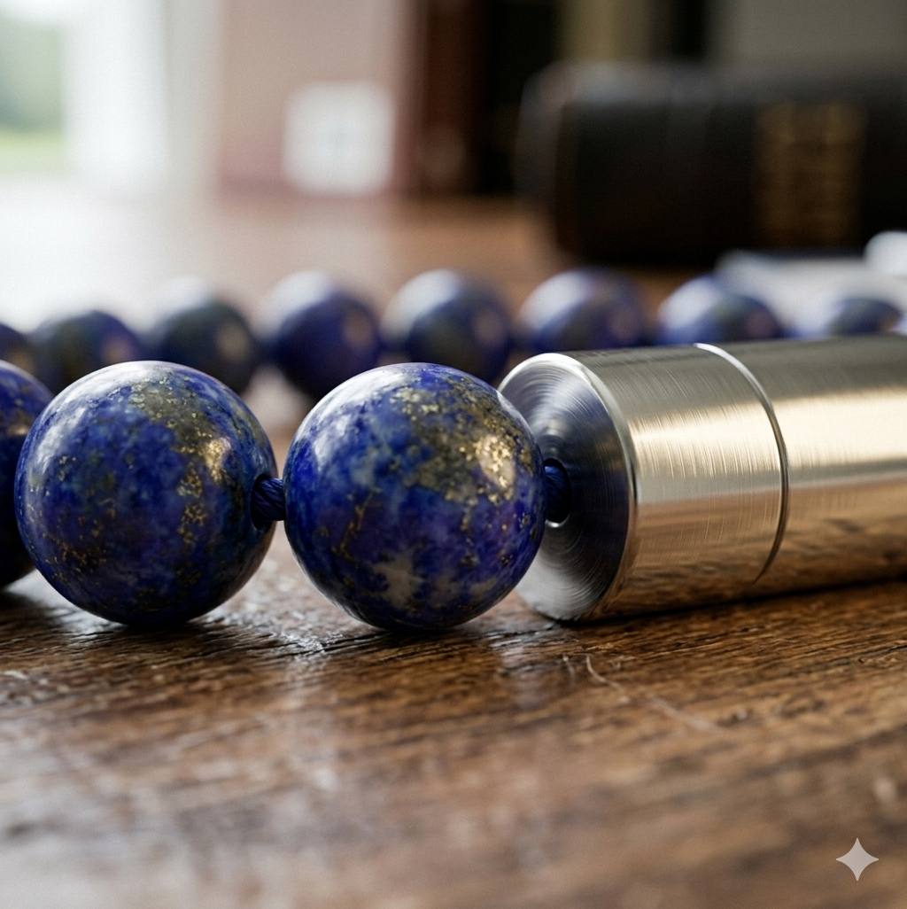 Lapis Lazuli beads close-up showing deep blue with gold pyrite flecks