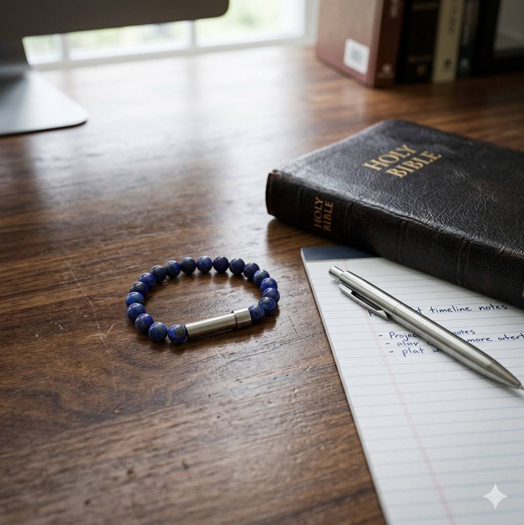 Prayer bracelet resting on an open Bible