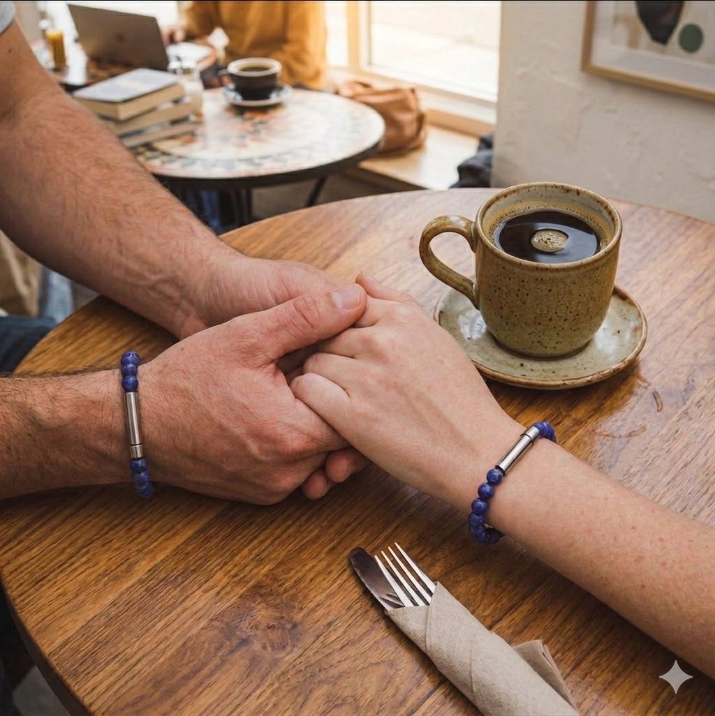 Couple praying together, both wearing bracelets