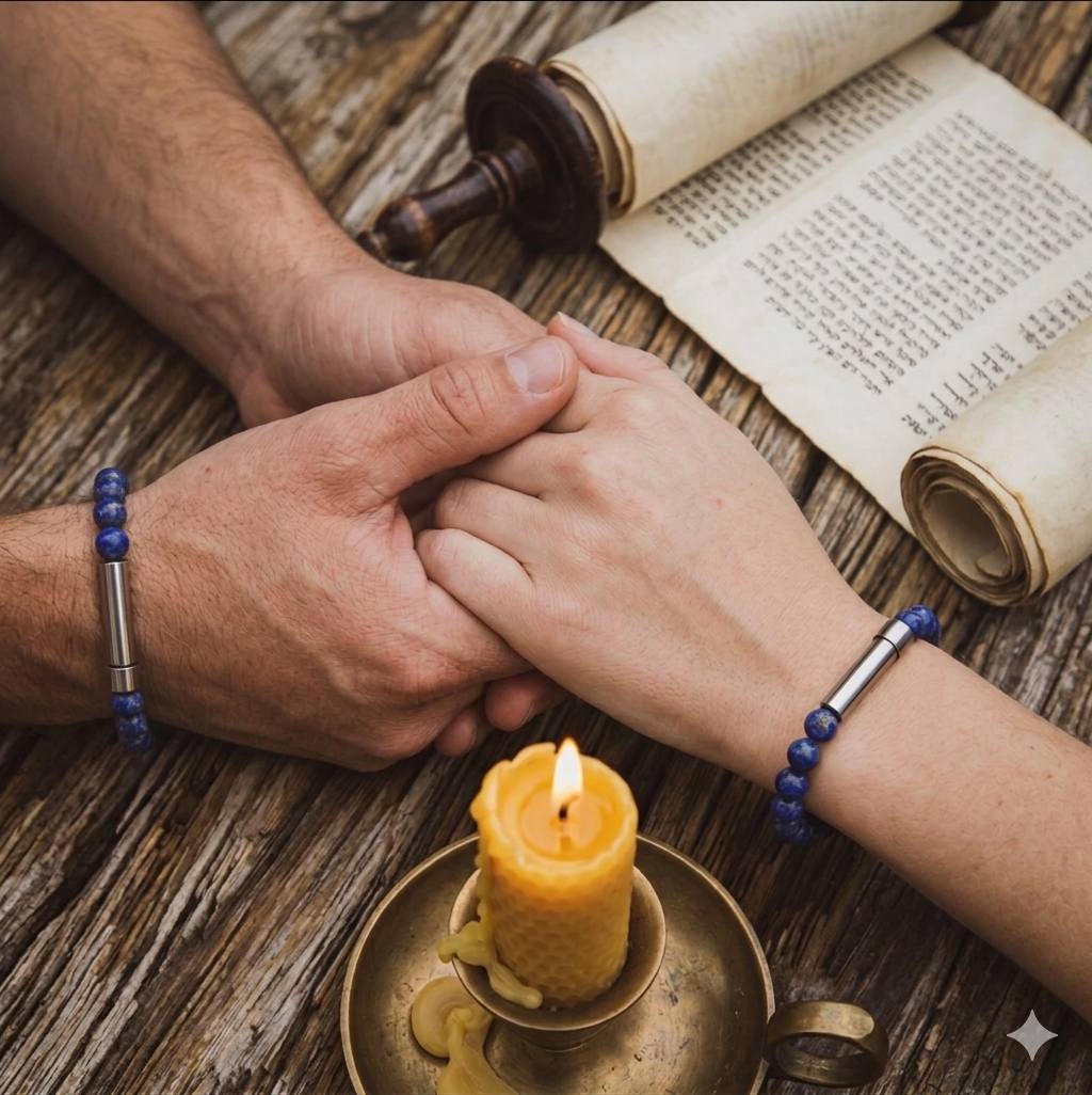 Couple holding hands with bracelets, ancient scroll and candle between them