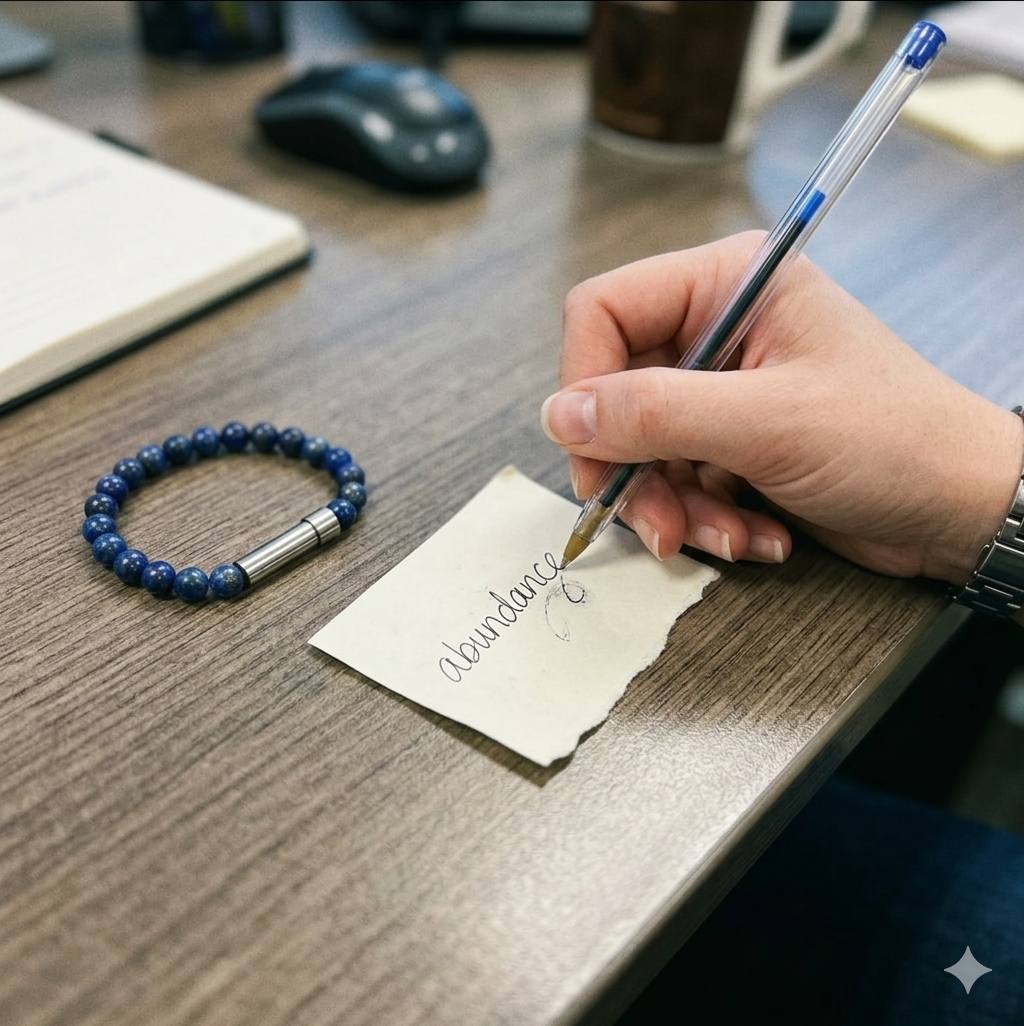 Hand writing the word abundance at a desk, with the prayer bracelet nearby