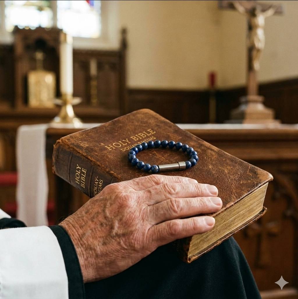 Elderly pastor holding a Bible with prayer bracelet draped over it, church altar in background