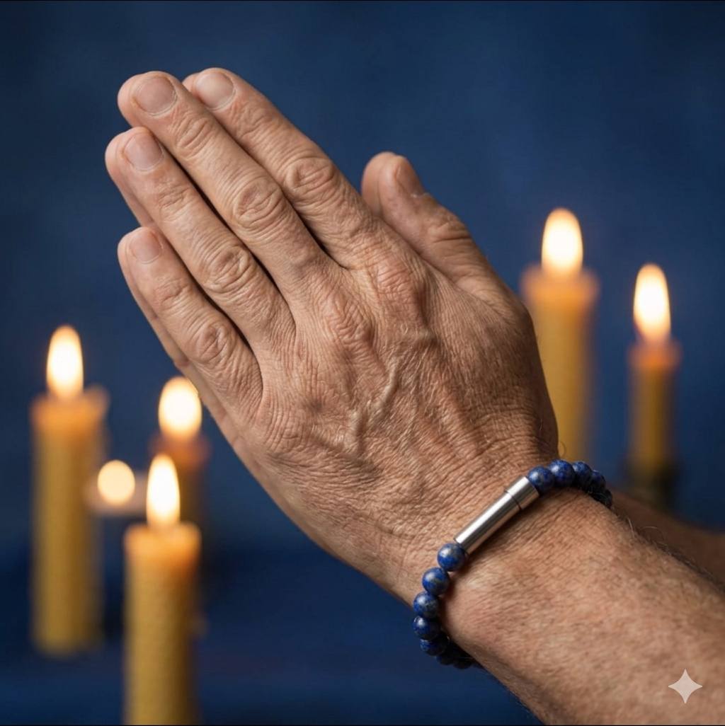 Praying hands with bracelet, golden candles glowing in the background