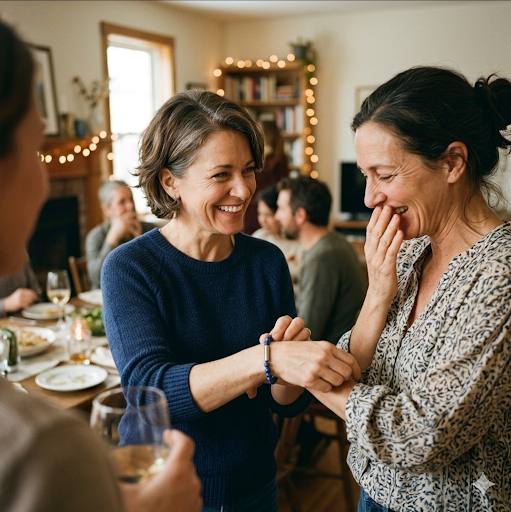 Women at a dinner gathering, one showing her prayer bracelet to friends